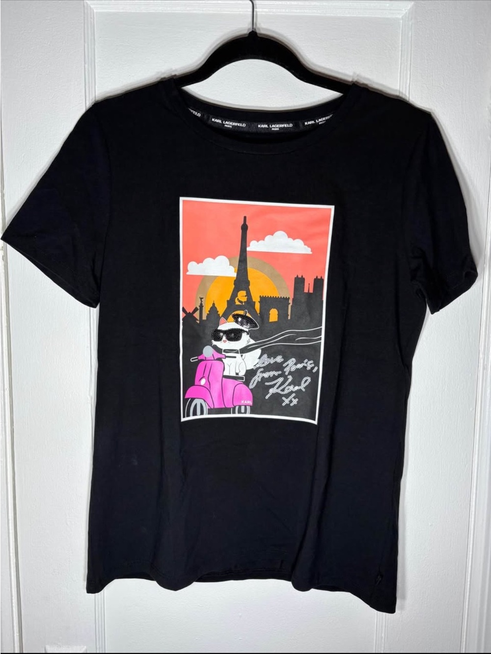 Karl Lagerfeld Black Tee with Pink Scooter Paris Graphic - Picture 4 of 11